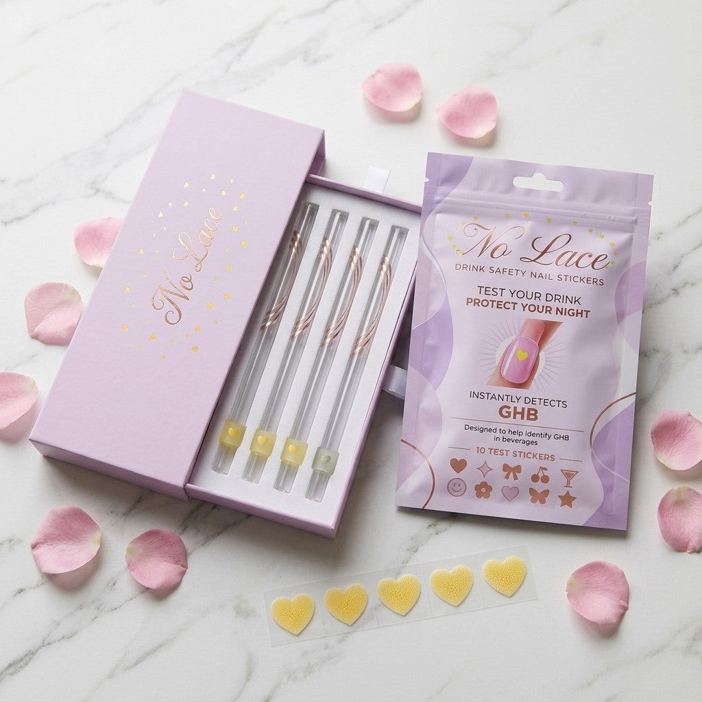 No Lace straw box and sticker pouch together with a strip of heart test stickers