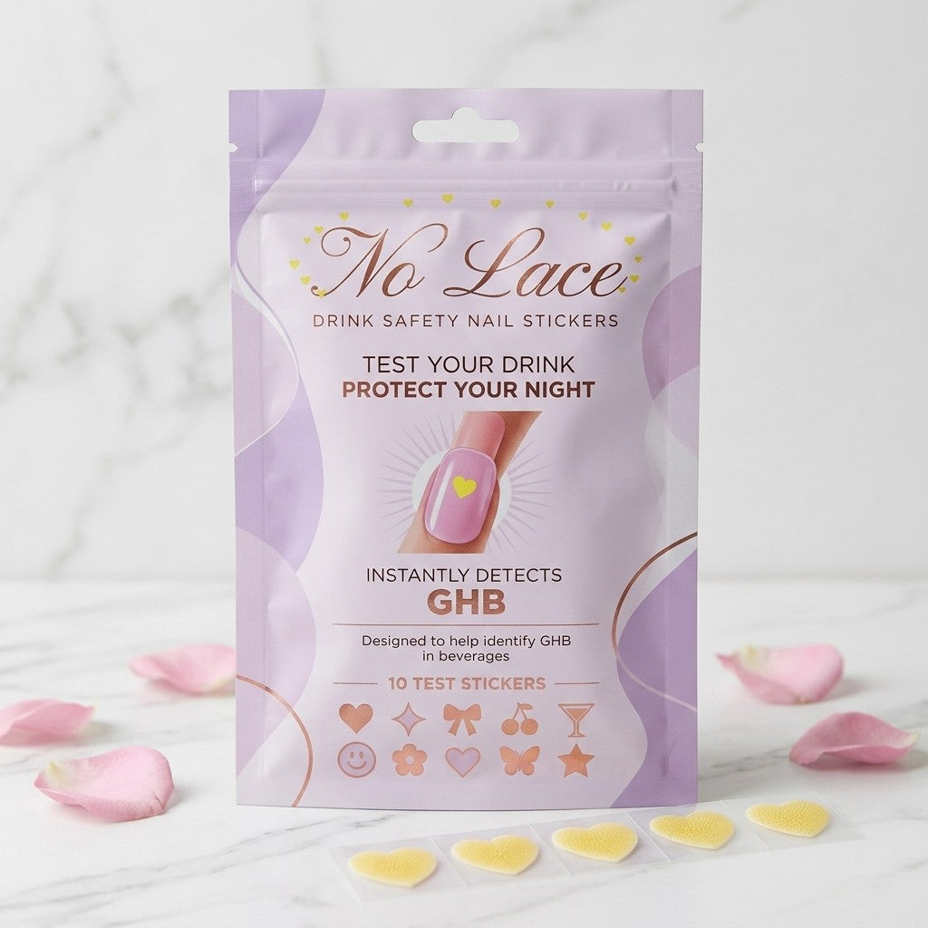 No Lace drink test nail stickers pouch with a strip of yellow heart stickers