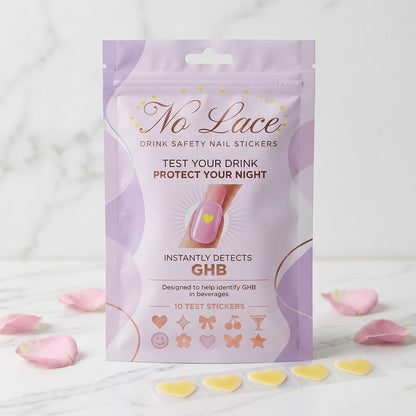 No Lace drink test nail stickers pouch with a strip of yellow heart stickers