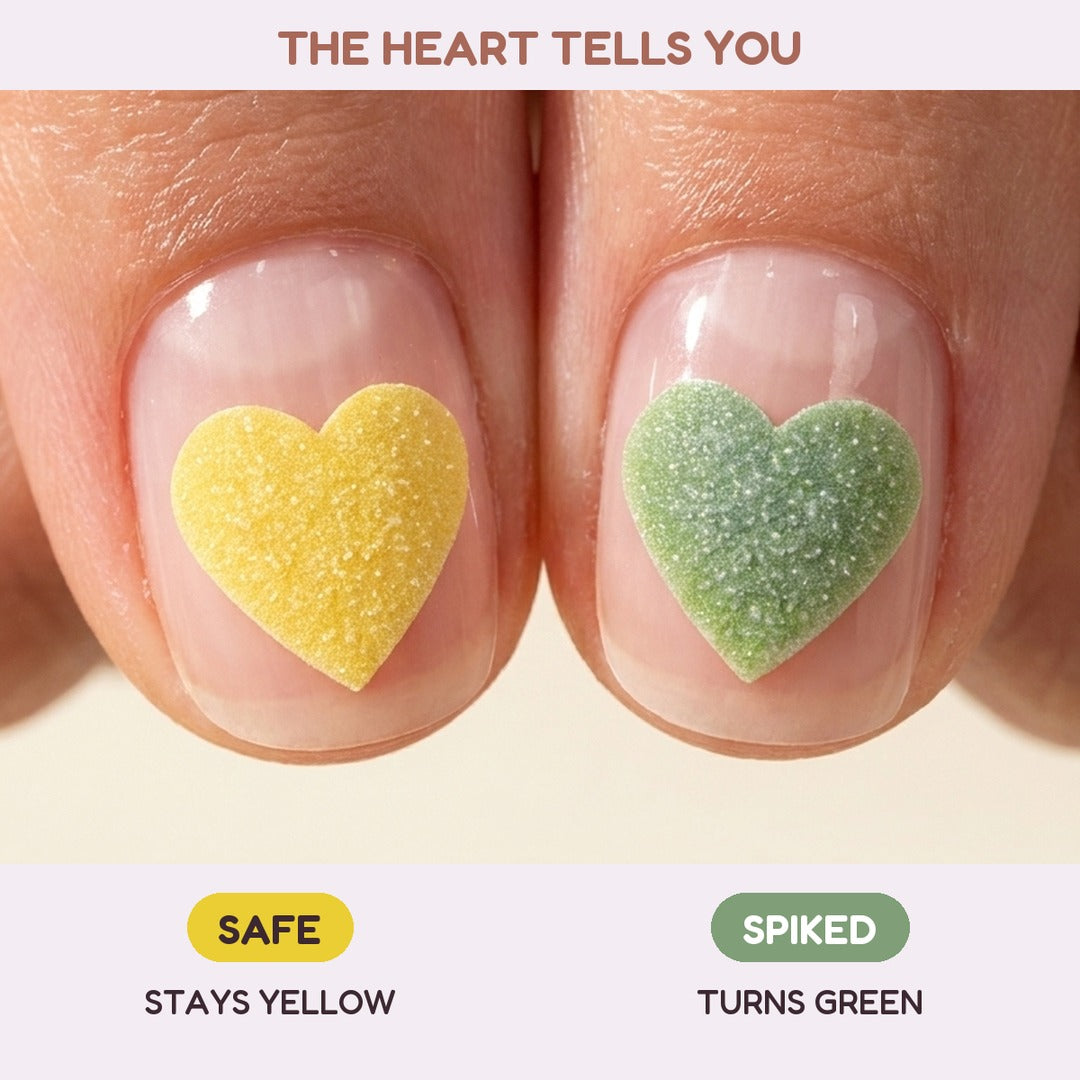 Heart sticker stays yellow when safe and turns green when spiked