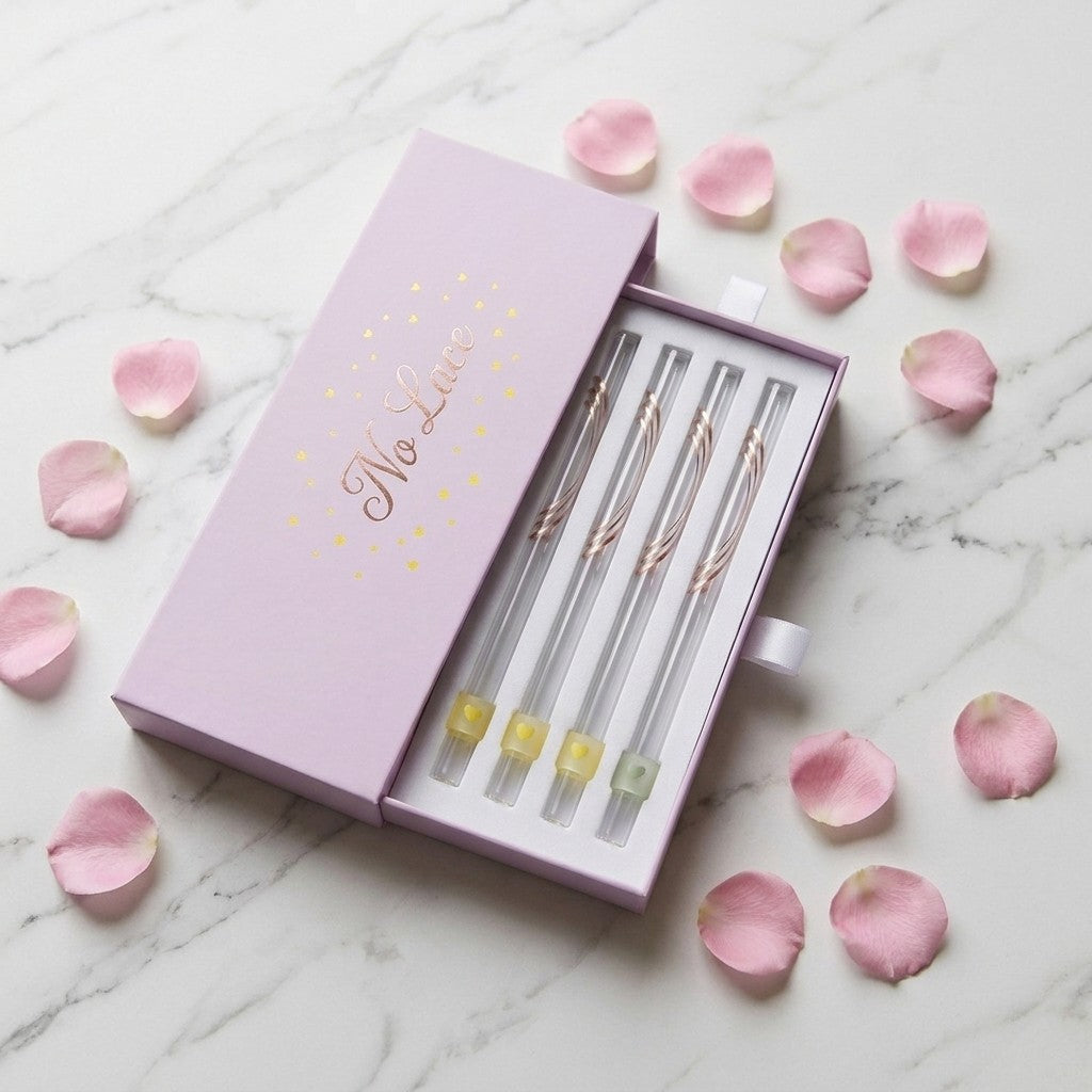 No Lace drink testing straws box, lid open, four glass test straws